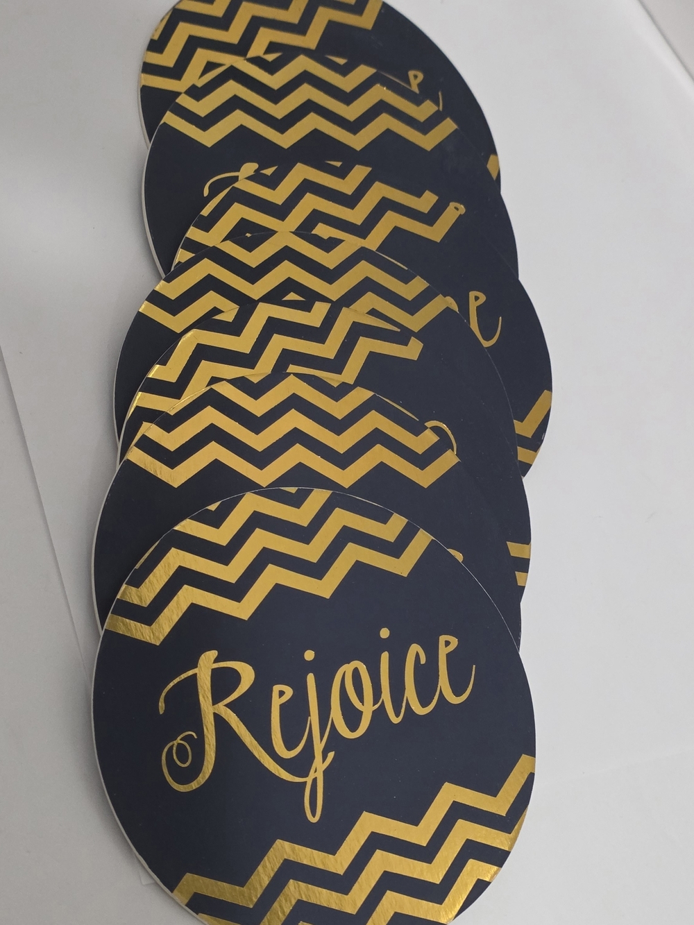Black and Gold 'Rejoice' Round Coaster 7 Pc Set